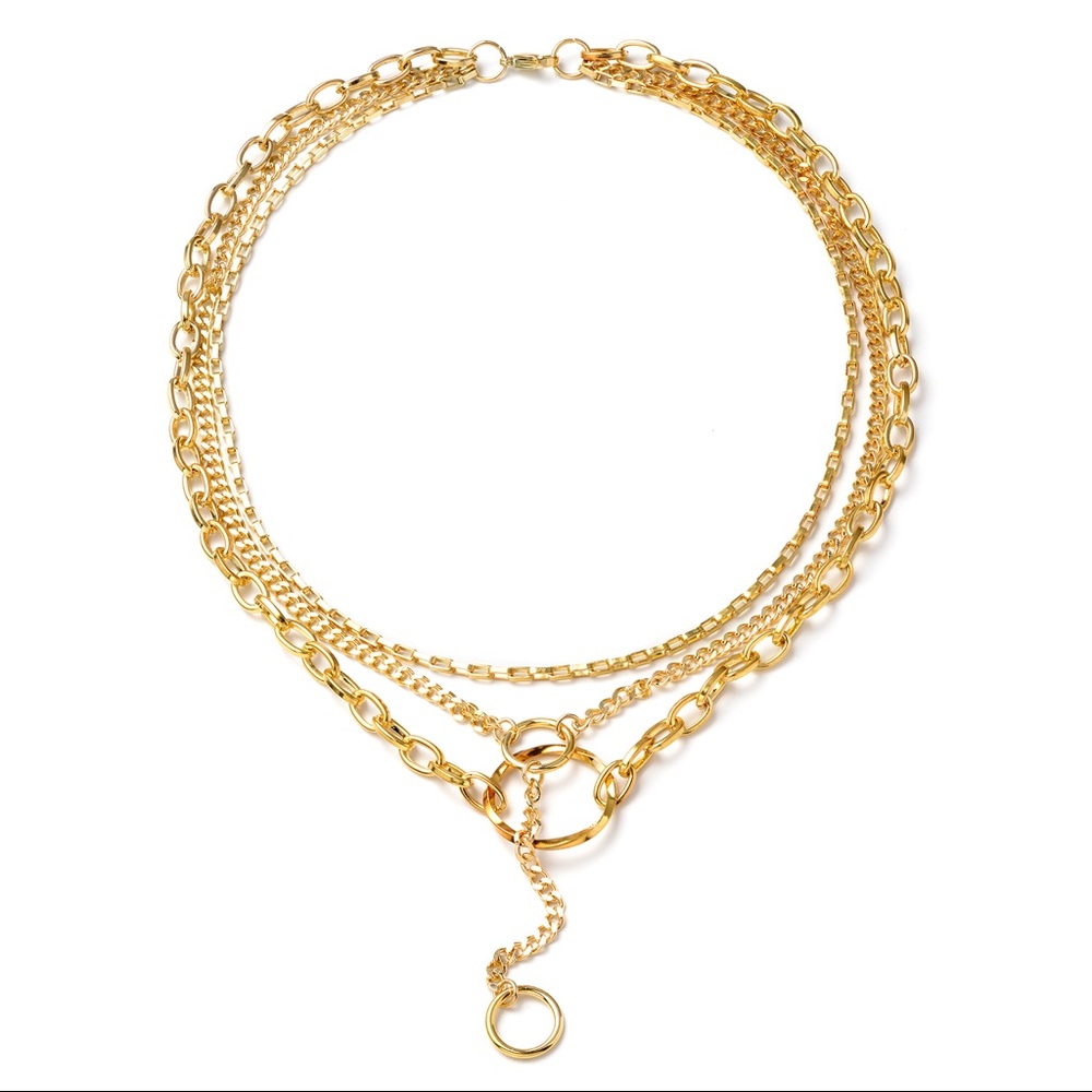 Gold Multi-Layer Chain Necklace with Interlocking Rings